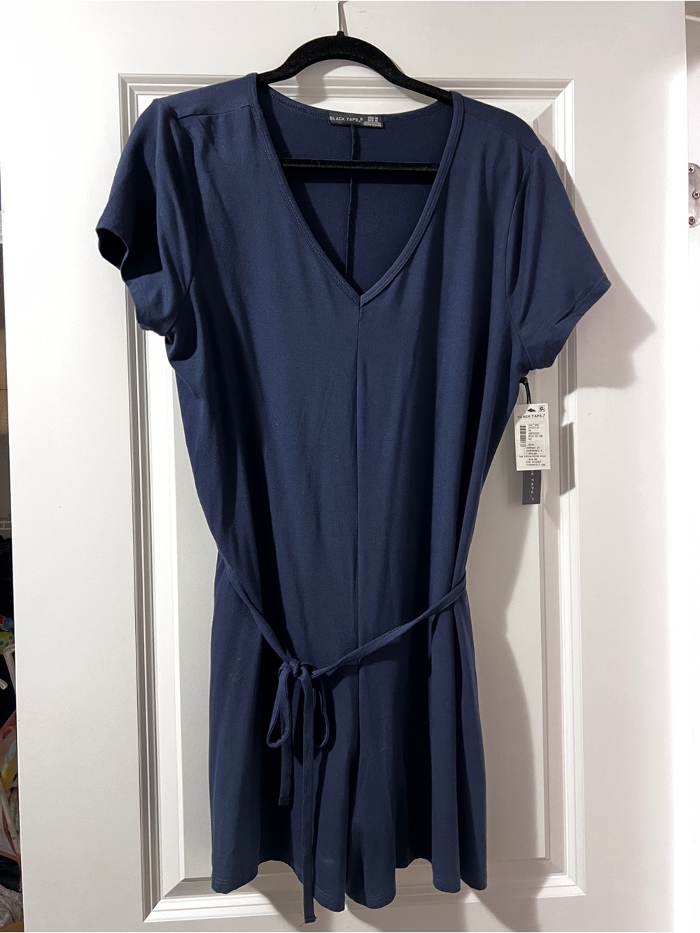 🆕 Black Tape Navy V-Neck Romper with Tie Waist